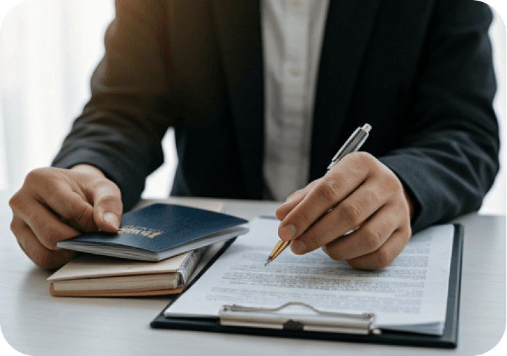 Professional reviewing documents and passport at a desk