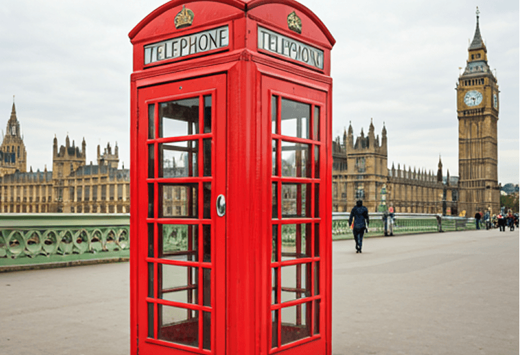 Red telephone box with Big Ben and Parliament in London